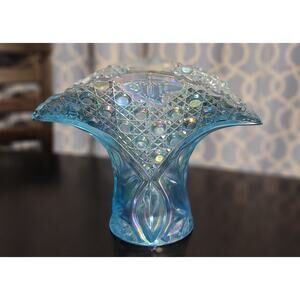 Vintage LE Smith Aqua Soft Carnival Iridescent Button Fan Vase 8” Tall Décor